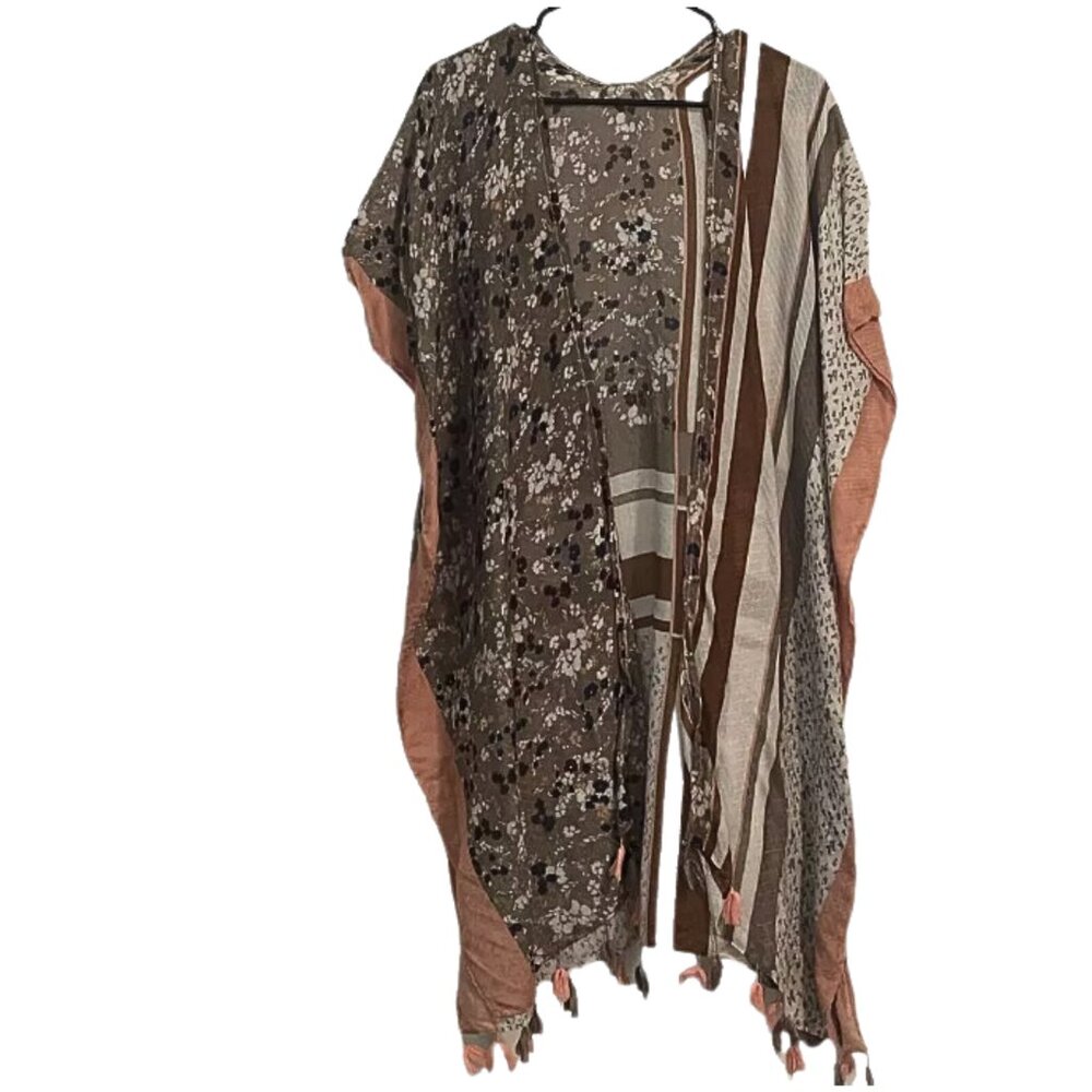G Brand Woven Multi Pattern Open Front Kimono Side Vents Fringe Tassel Fringe